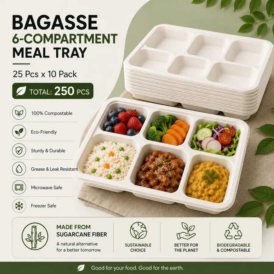 Bagasse 6 compartment meal tray