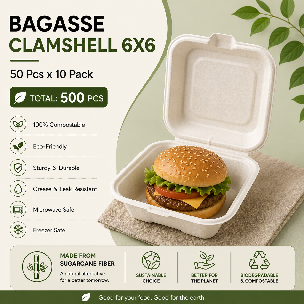 BAGASSE TABLEWARE (6X6 CLAMSHELL PACK OF 50*10)