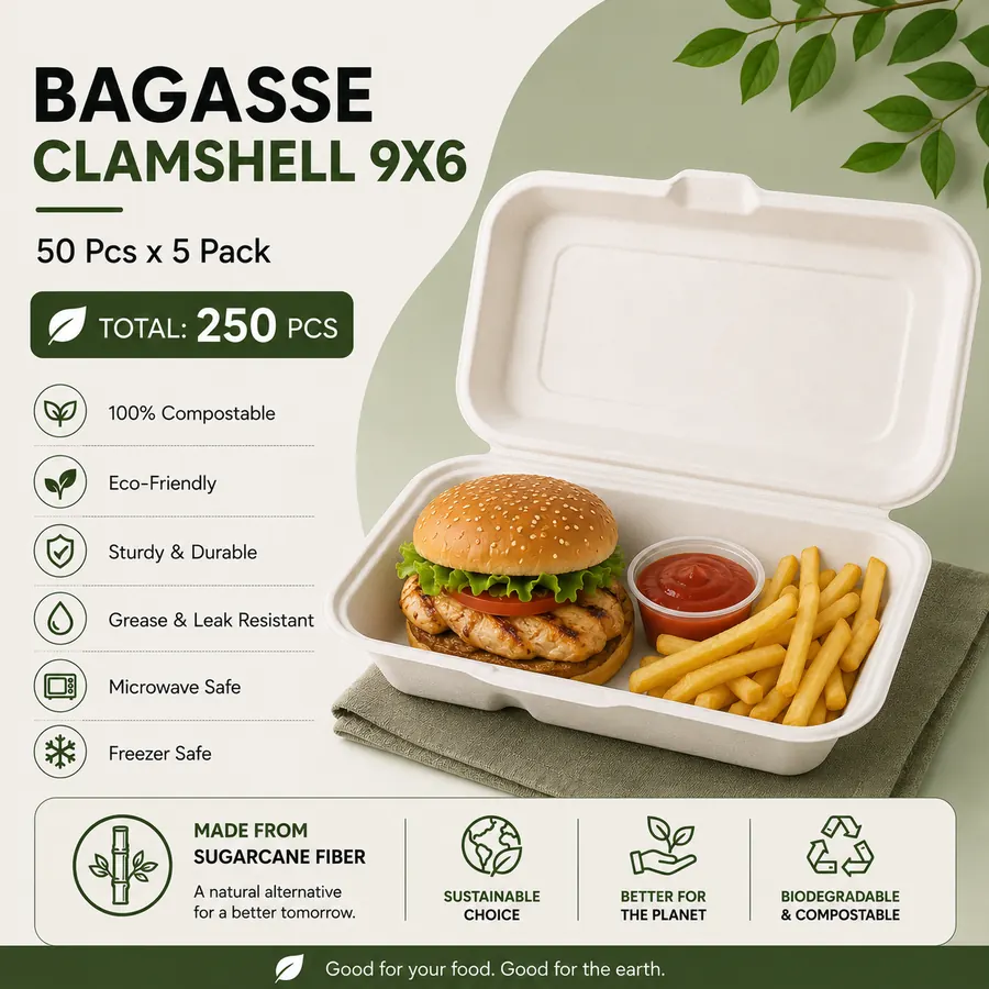 Bagasse clamshell packaging
