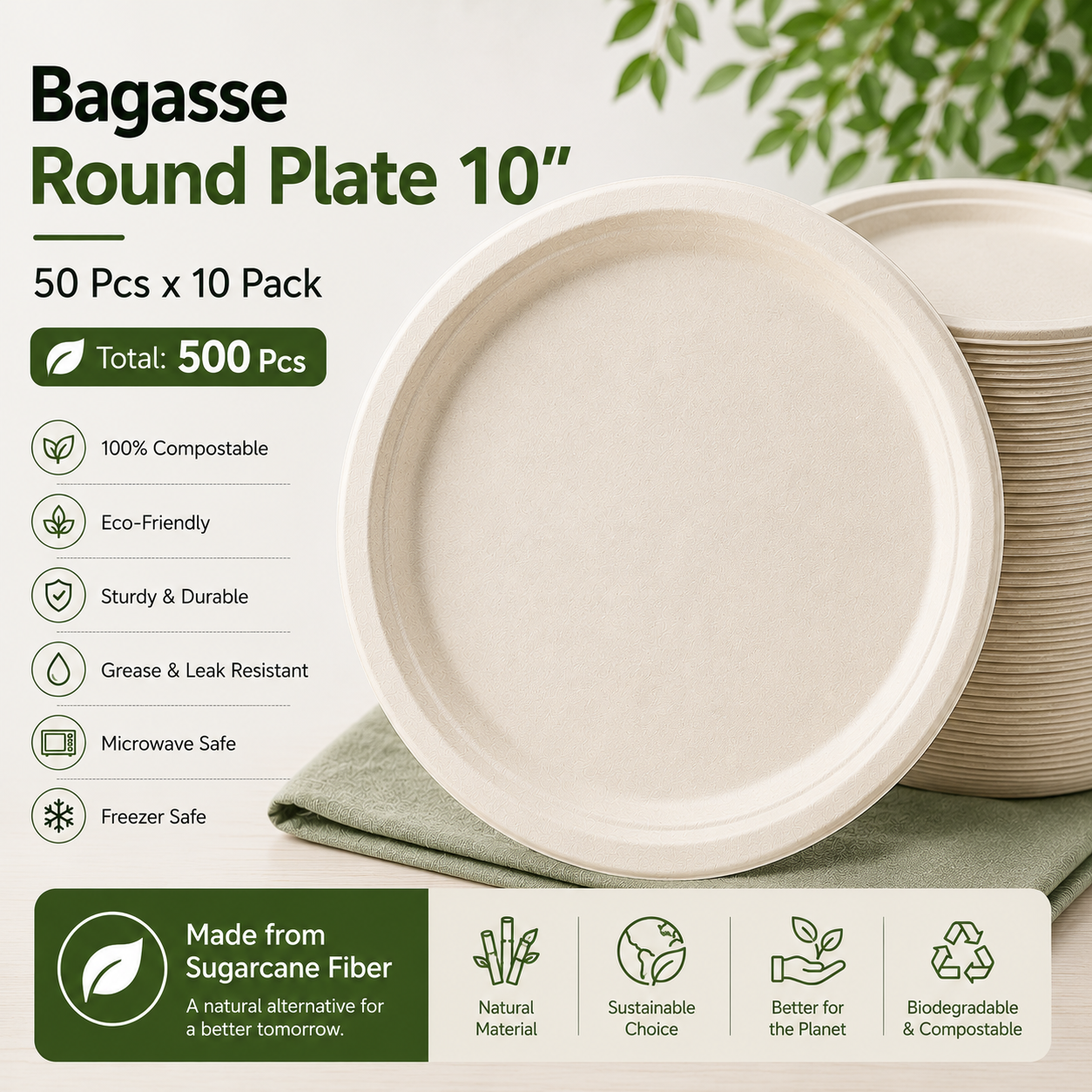 BAGASSE TABLEWARE (10 INCH ROUND PACK OF 50*10)