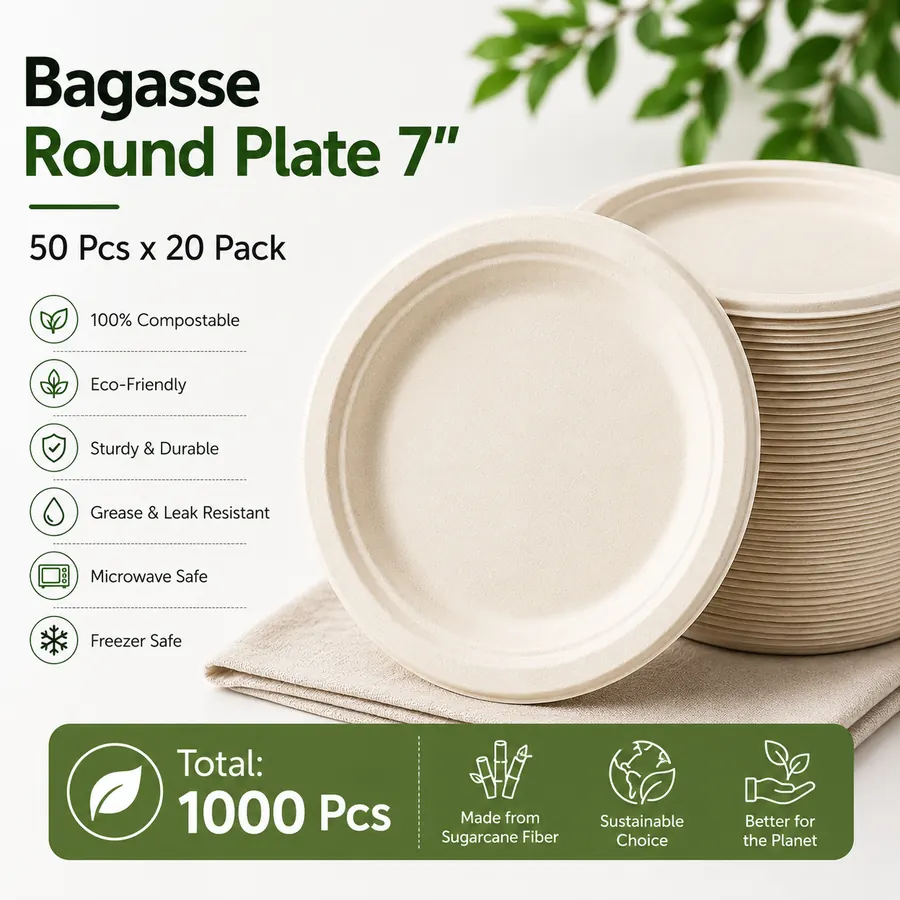 Bagasse round plate 7 inch