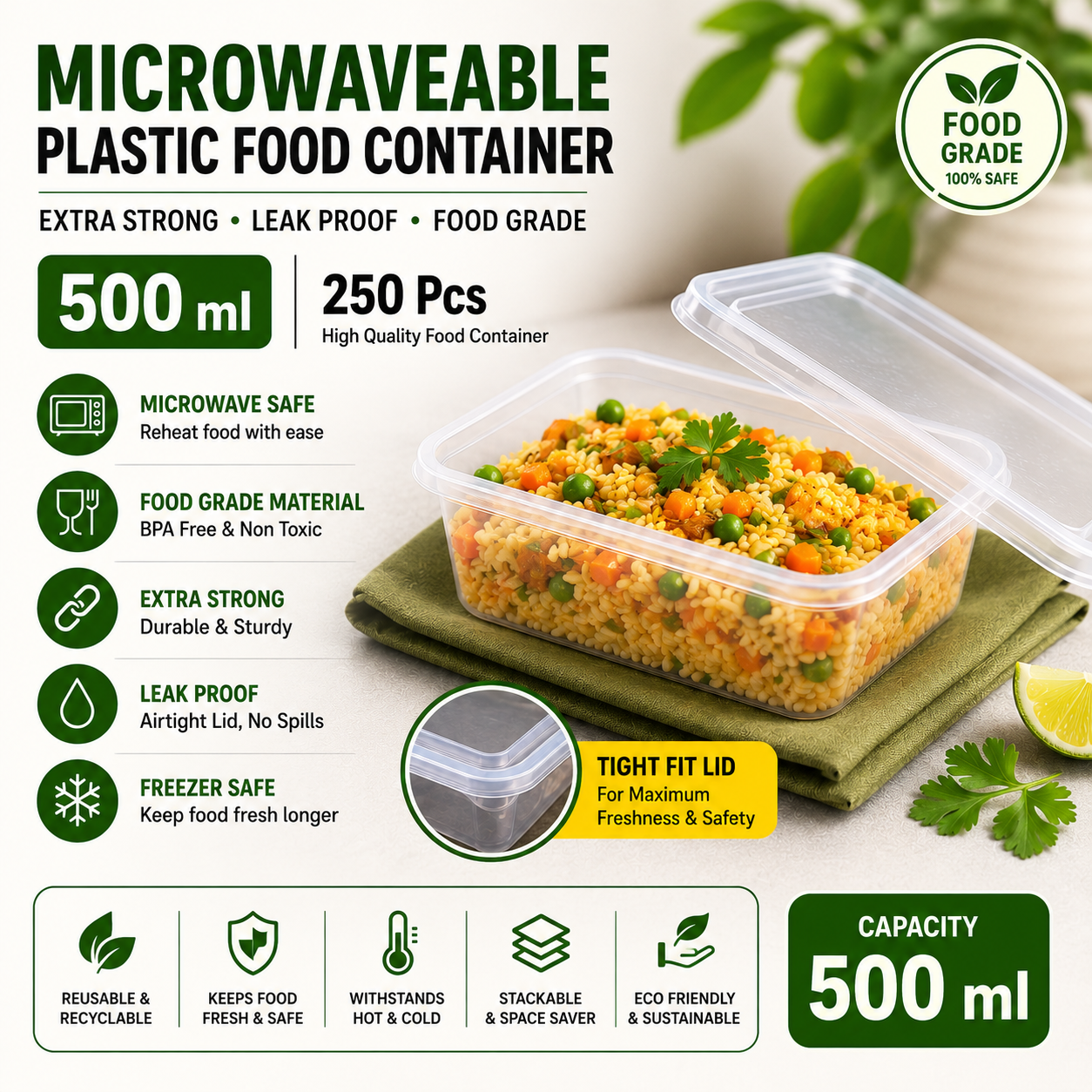 500 ML MICROWAVEABLE PLASTIC FOOD CONTAINER EXTRA STRONG