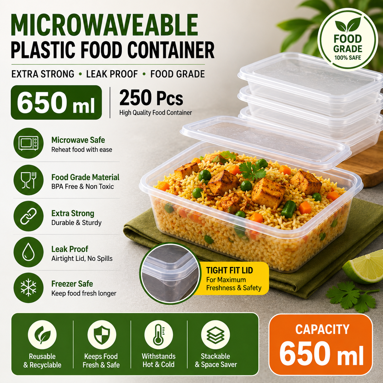 650 ML MICROWAVEABLE PLASTIC FOOD CONTAINER EXTRA STRONG